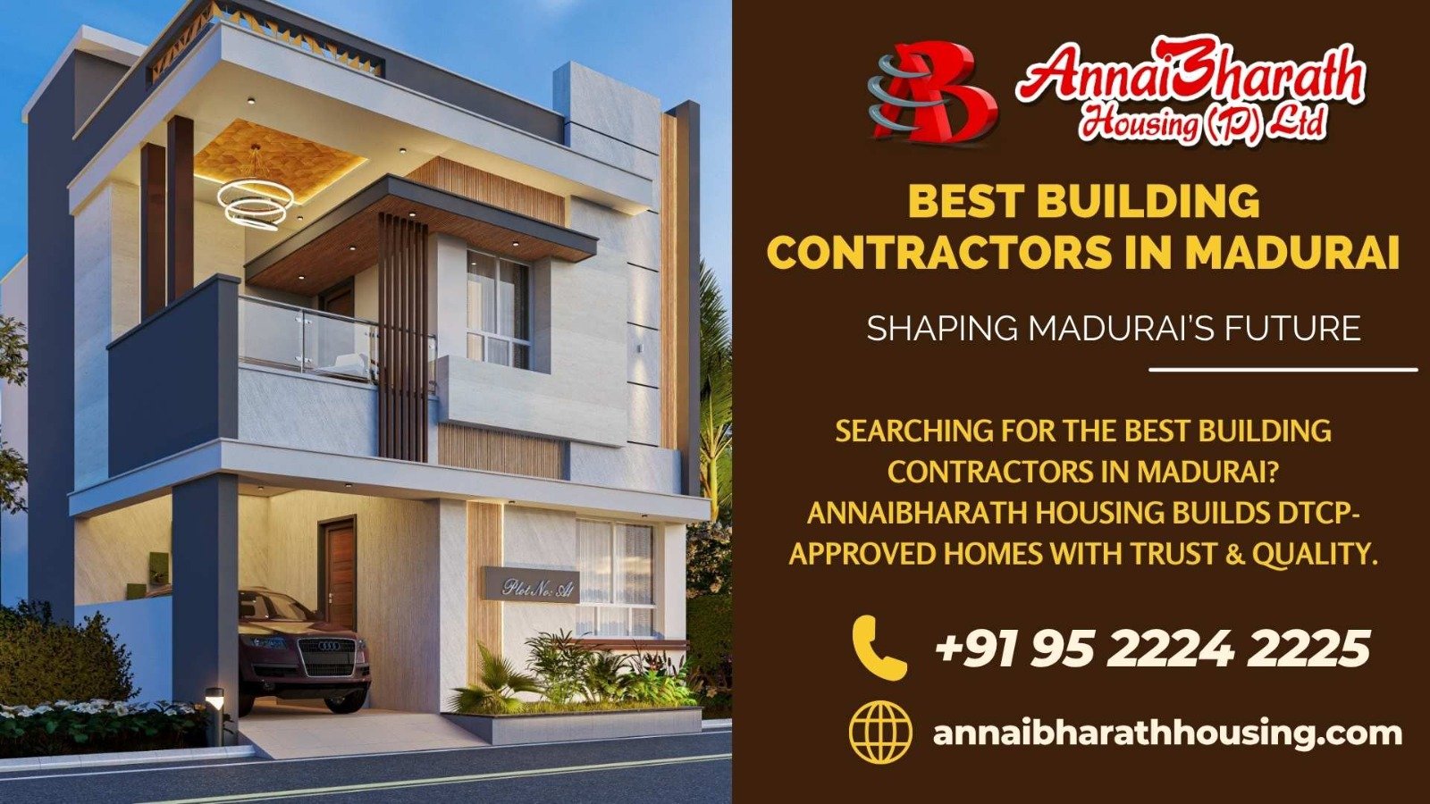 AnnaiBharath Housing promotional banner showcasing best building contractors in Madurai with DTCP-approved modern home design.