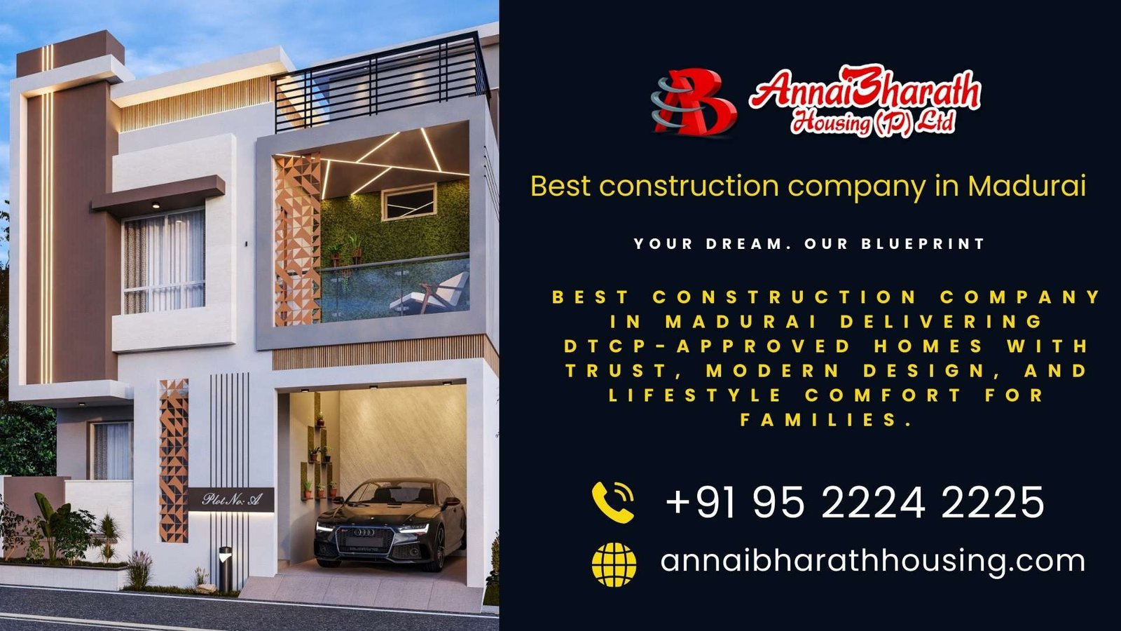 Best construction company in Madurai – AnnaiBharath Housing modern DTCP-approved home exterior with elegant architecture.