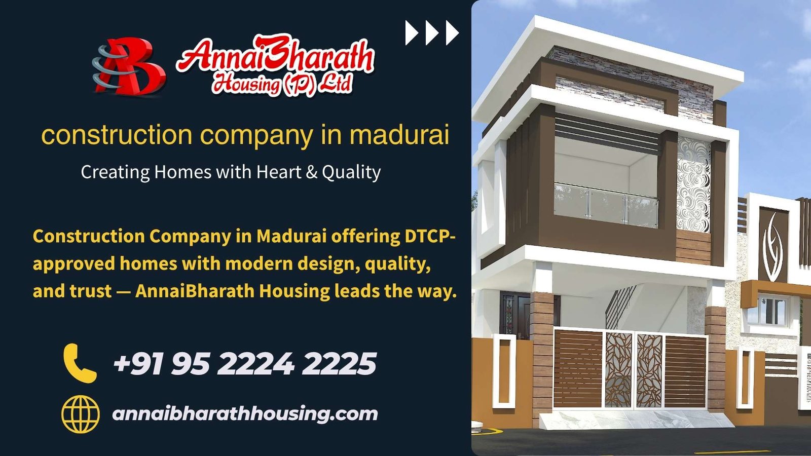 AnnaiBharath Housing promotional banner highlighting their modern DTCP-approved homes as a leading construction company in Madurai.