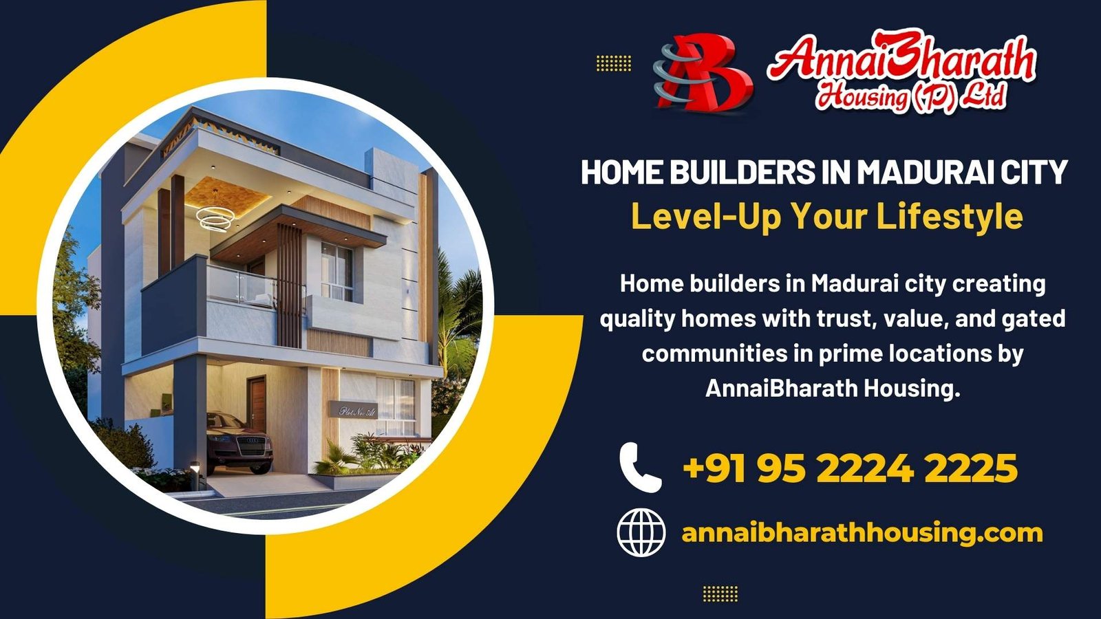 Modern two-storey house poster showcasing AnnaiBharath Housing as leading home builders in Madurai city with contact number and website.