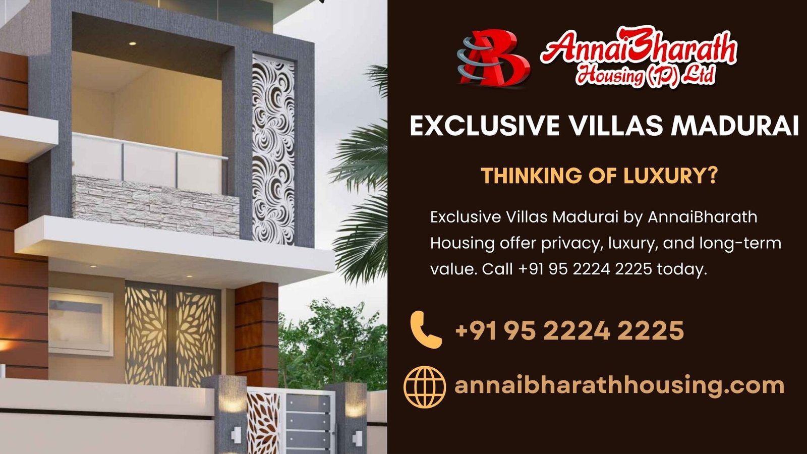 Exclusive Villas Madurai by AnnaiBharath Housing offer privacy, luxury, and long-term value. Call +91 95 2224 2225 today.