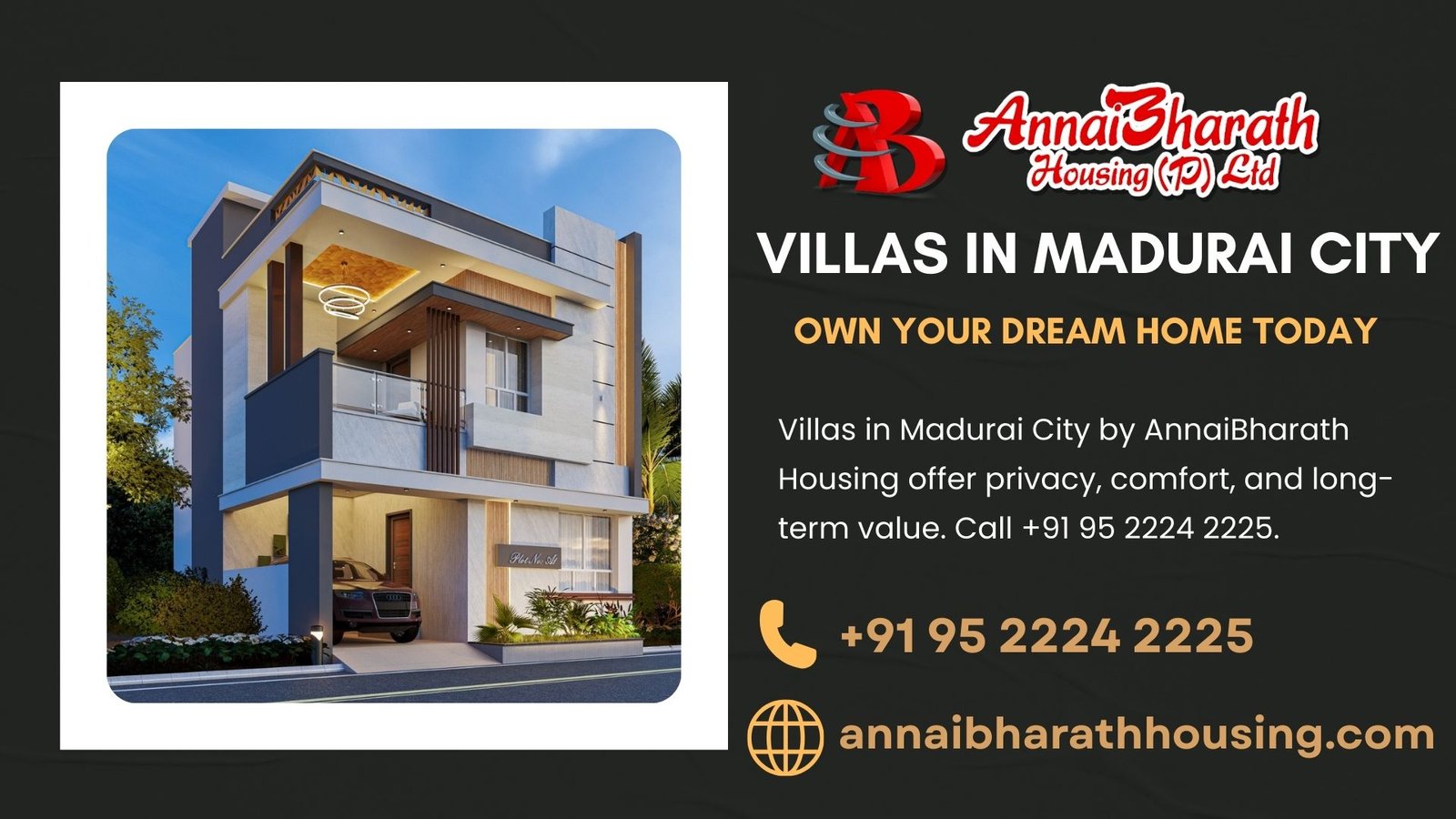 Villas in Madurai City by AnnaiBharath Housing offer privacy, comfort, and long-term value. Call +91 95 2224 2225.