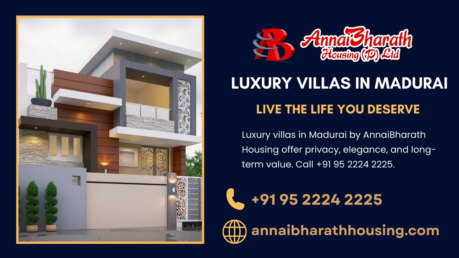 Luxury villas in Madurai by AnnaiBharath Housing offer privacy, elegance, and long-term value. Call +91 95 2224 2225.