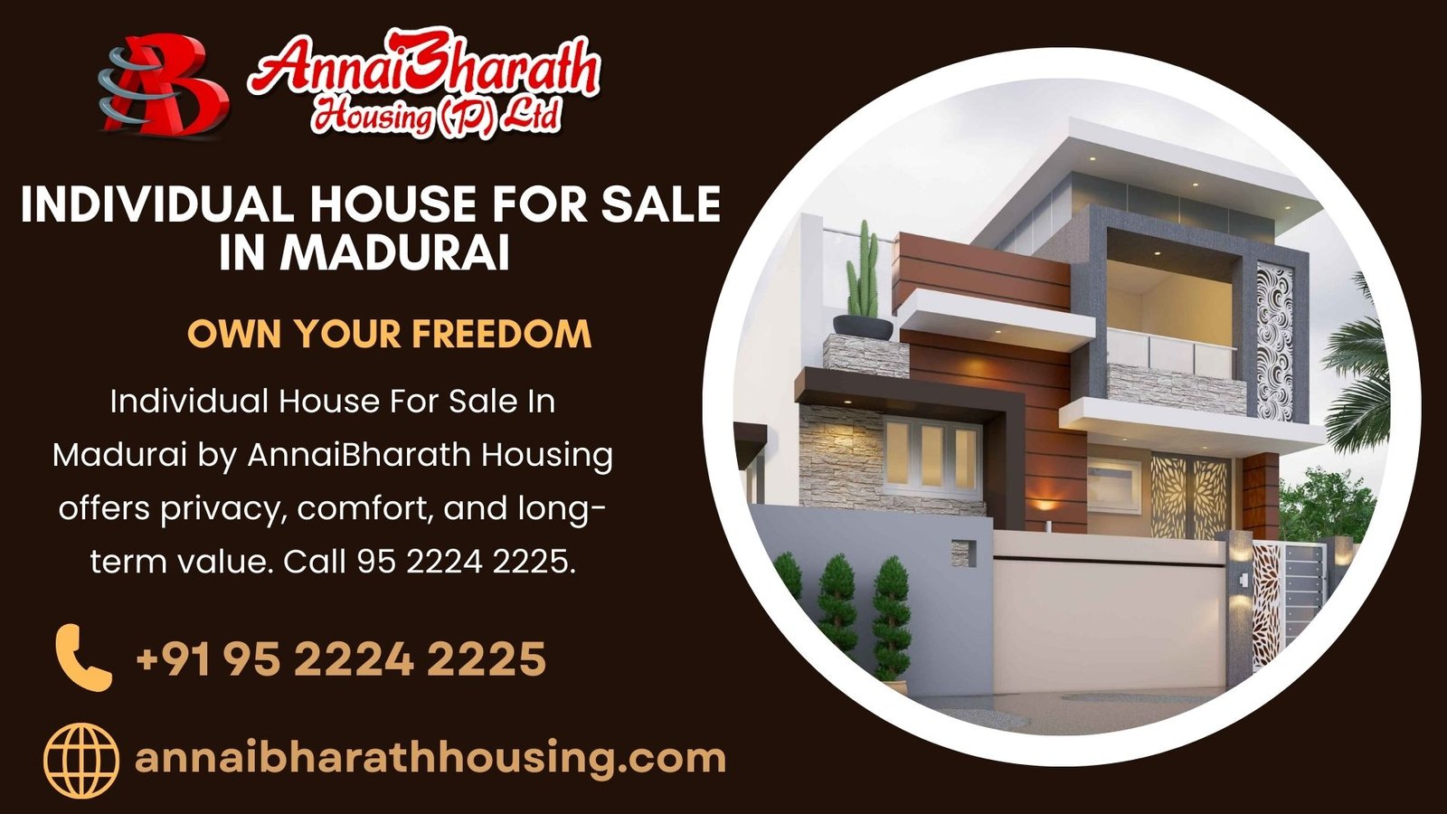 Individual House For Sale In Madurai by AnnaiBharath Housing offers privacy, comfort, and long-term value. Call 95 2224 2225.